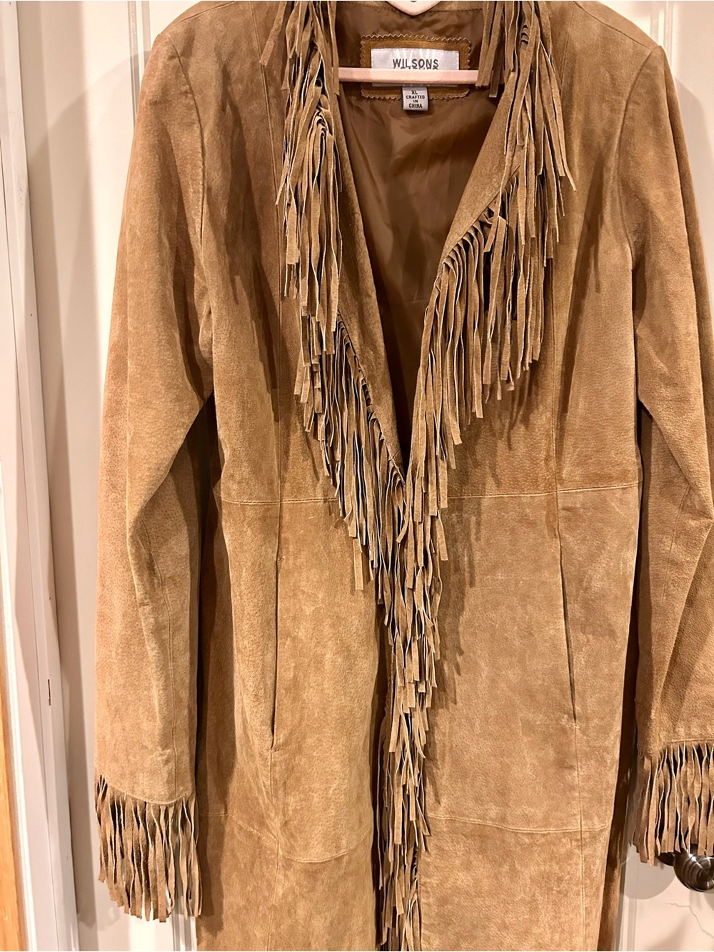 NWOT Wilsons Leather Tan Suede Fringe Trench Coat - Picture 5 of 7
